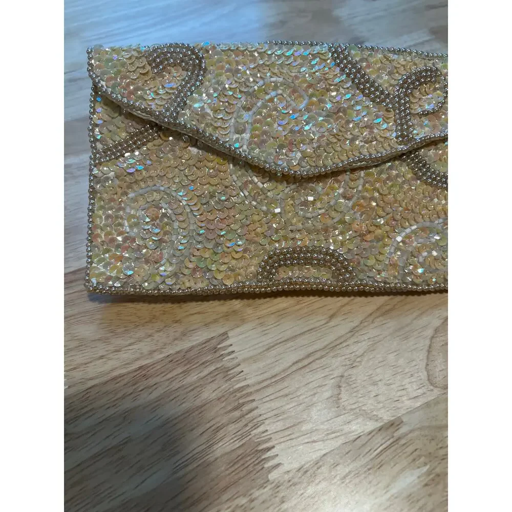 Vintage Clutch Envelope Wallet Hand Beaded Hong Kong Gold 8